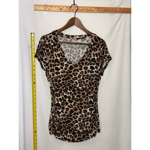 NY‎ Collection Leopard Print V Neck Short Sleeve Top Womens Size L